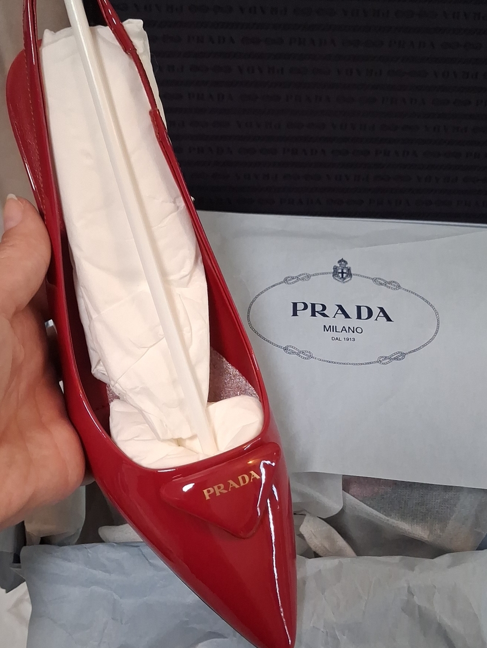 PRADA Cherry Red Patent Leather Slingback Pumps NIB Kitten Heels 👠 - Picture 6 of 7